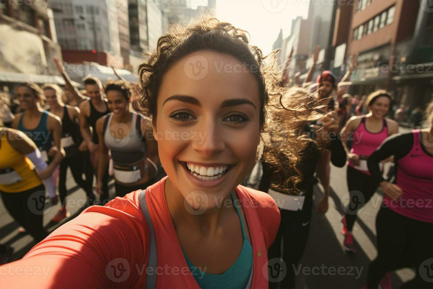 multiétnico grupo de personas corriendo en el ciudad a temprano Mañana ai generado foto