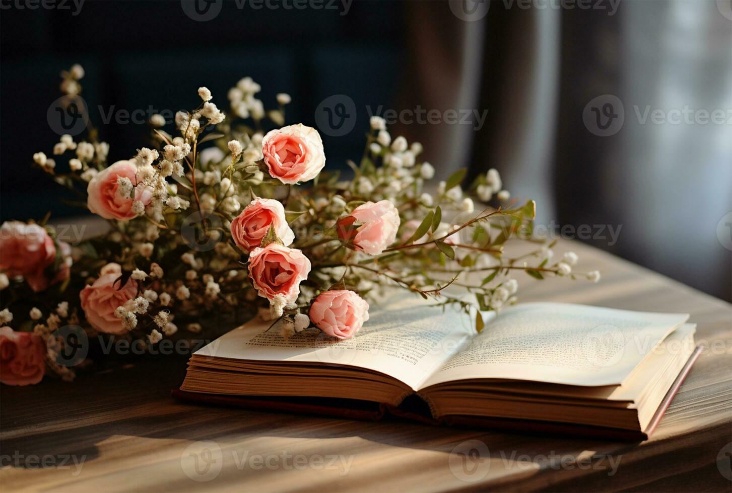 Open book with bouquet of flowers on wooden table, closeup AI Generated photo