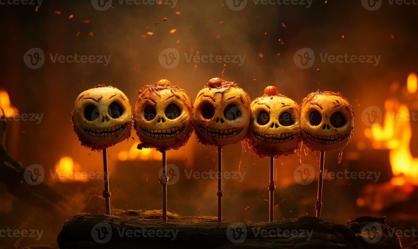 Halloween party concept. Skewers with scary faces on fire background AI Generated photo