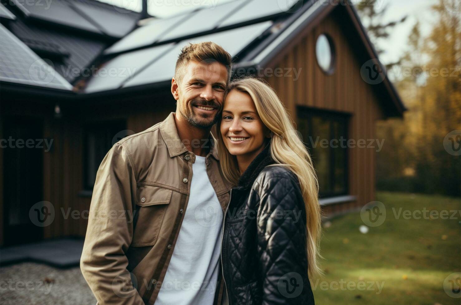 retrato de contento Pareja en pie por casa con solar paneles en techo ai generado foto