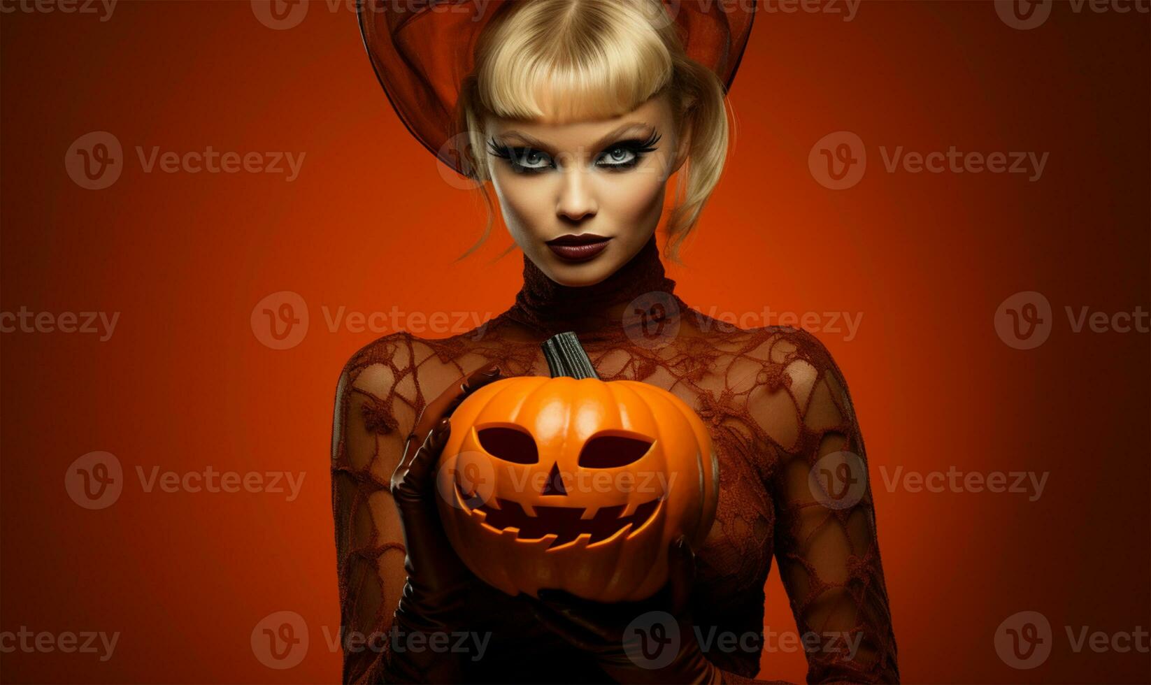 Beautiful girl in black witch costume with pumpkin. Halloween concept AI Generated photo