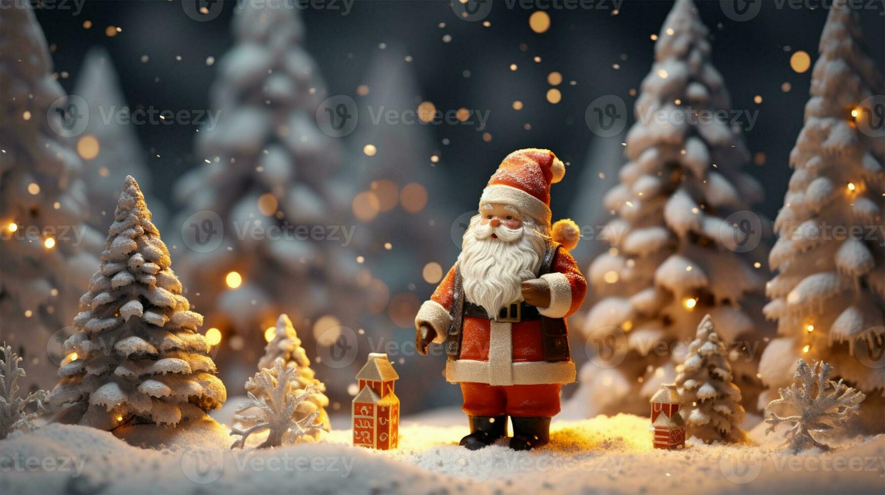 alegre Navidad y contento nuevo año saludo tarjeta. Papa Noel claus en invierno antecedentes ai generado foto