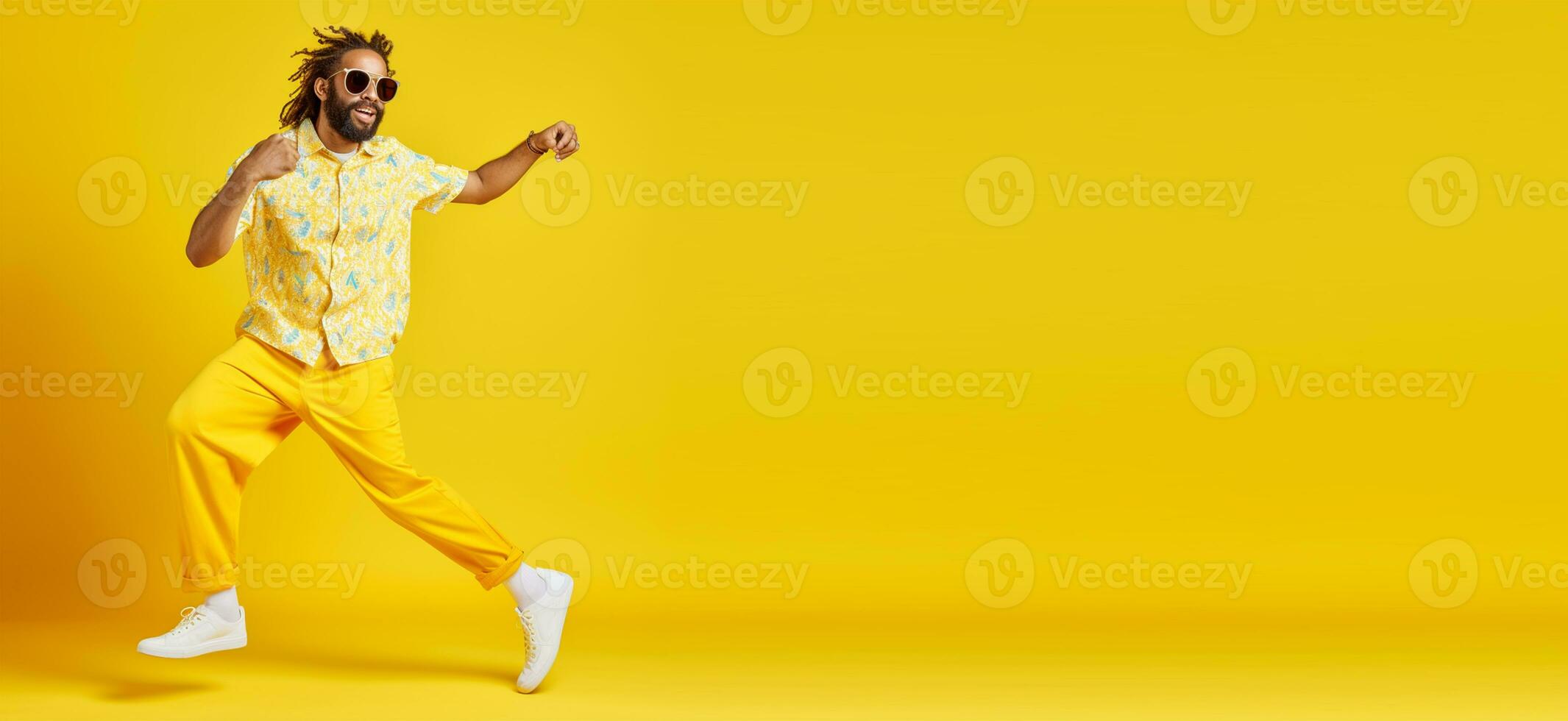 Funky guy dance summer vacation active person wear shirt pants shoes sun specs isolated yellow color backgroundtext copyspace banner background Ai Generated photo