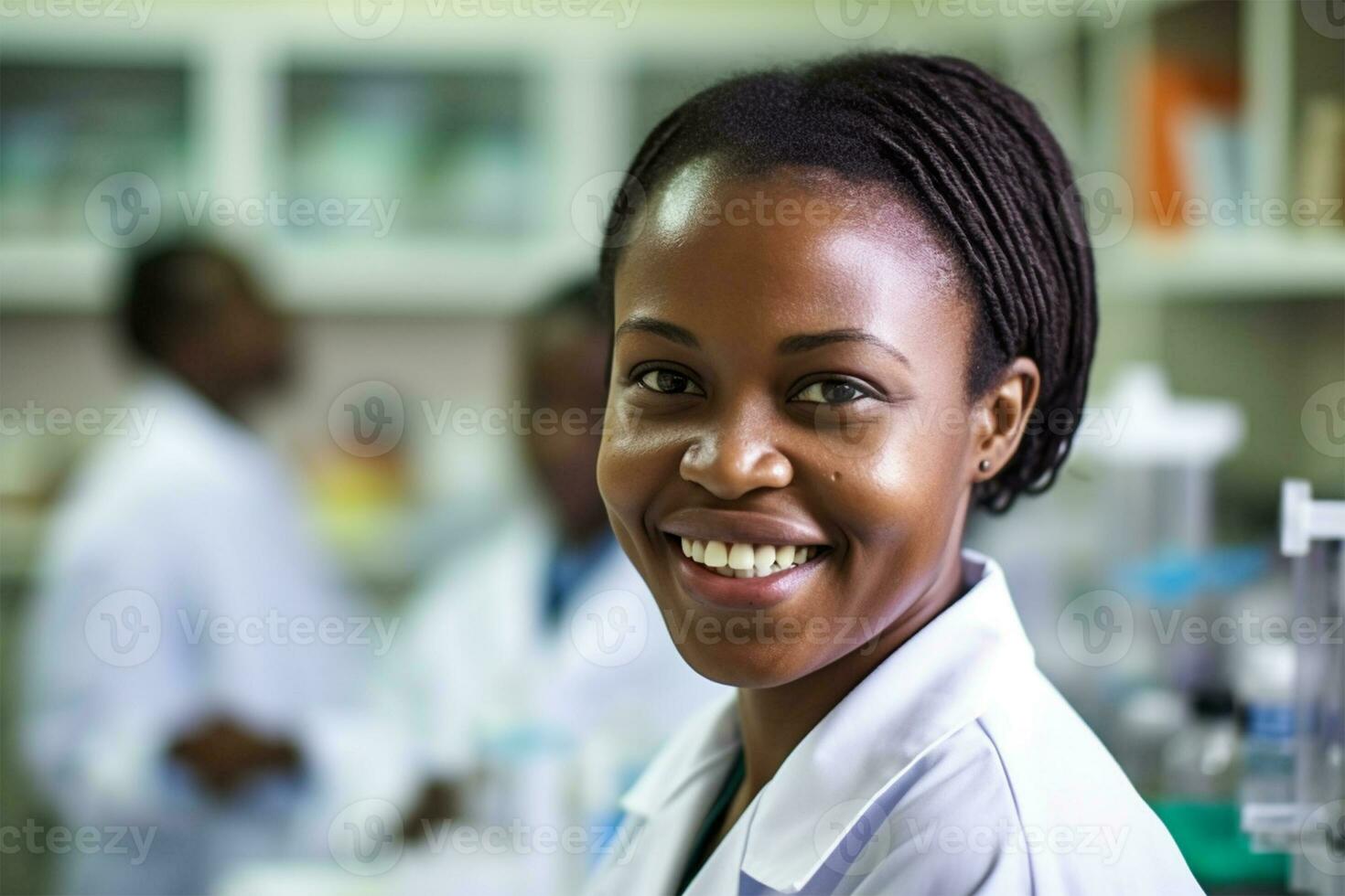 afro americano hembra científico médico pruebas sustancias en laboratorista ai generado foto