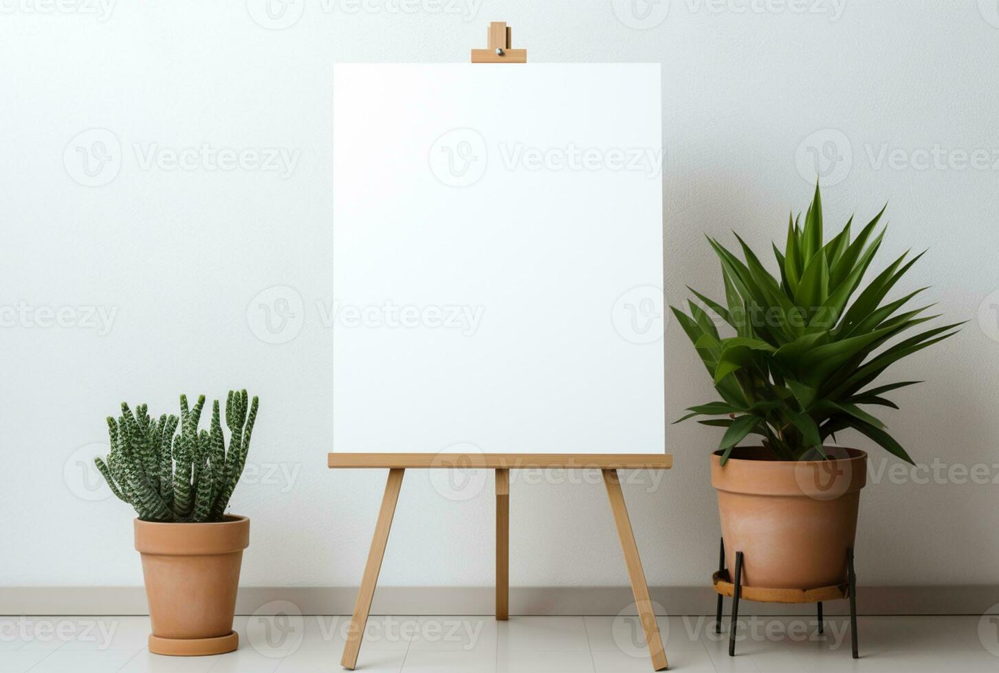 Easel with blank canvas on white wall background. Mockup AI Generated photo