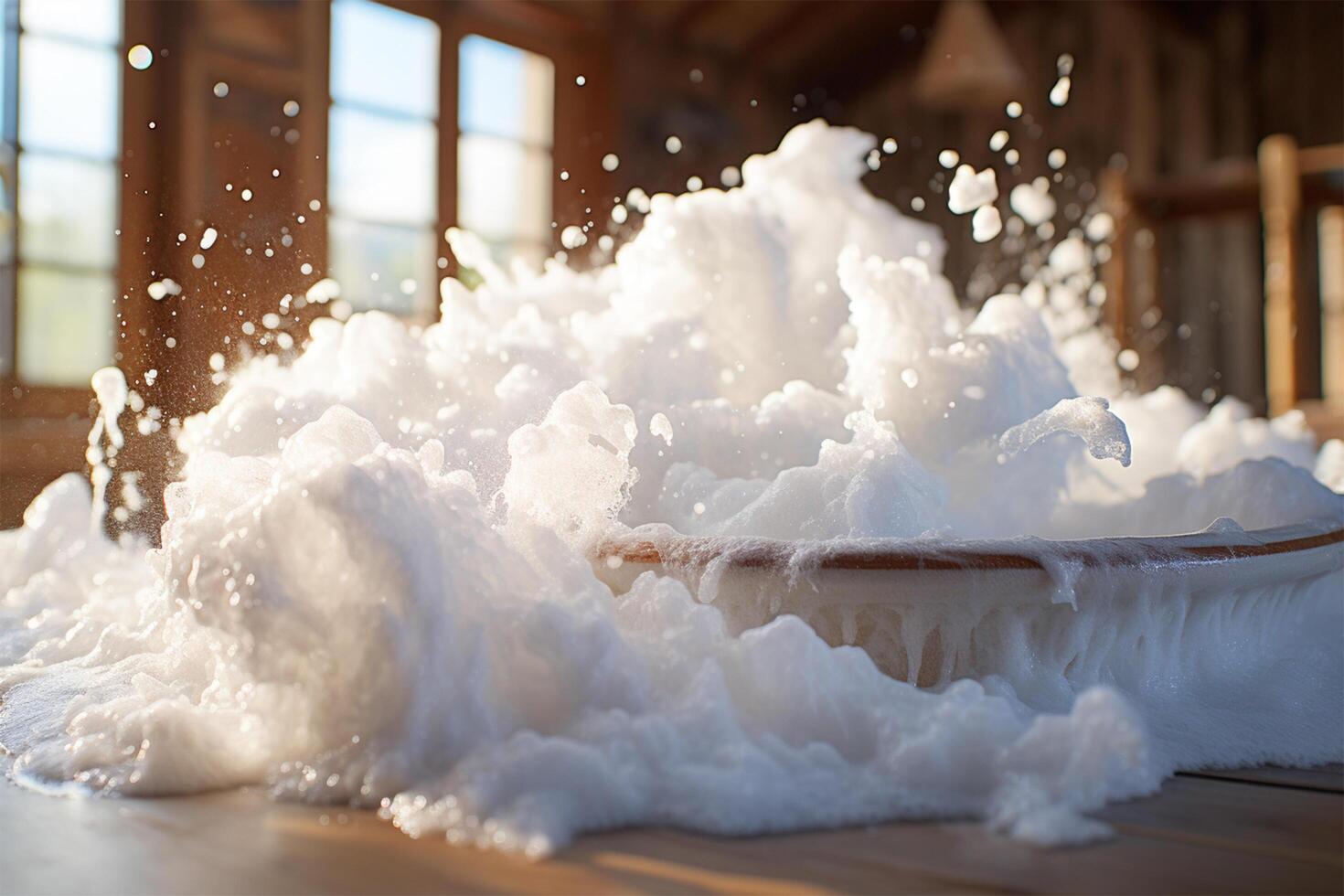 Bathtub filled with foam on top of a wooden floor photo