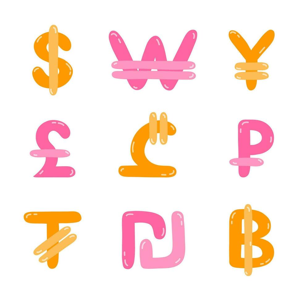 Set of international currency symbols. Cute hand drawn vector illustration with money signs. Coins of different countries - dollar sigh, euro, yuan, pesos. Colorful vector clipart set in naive style