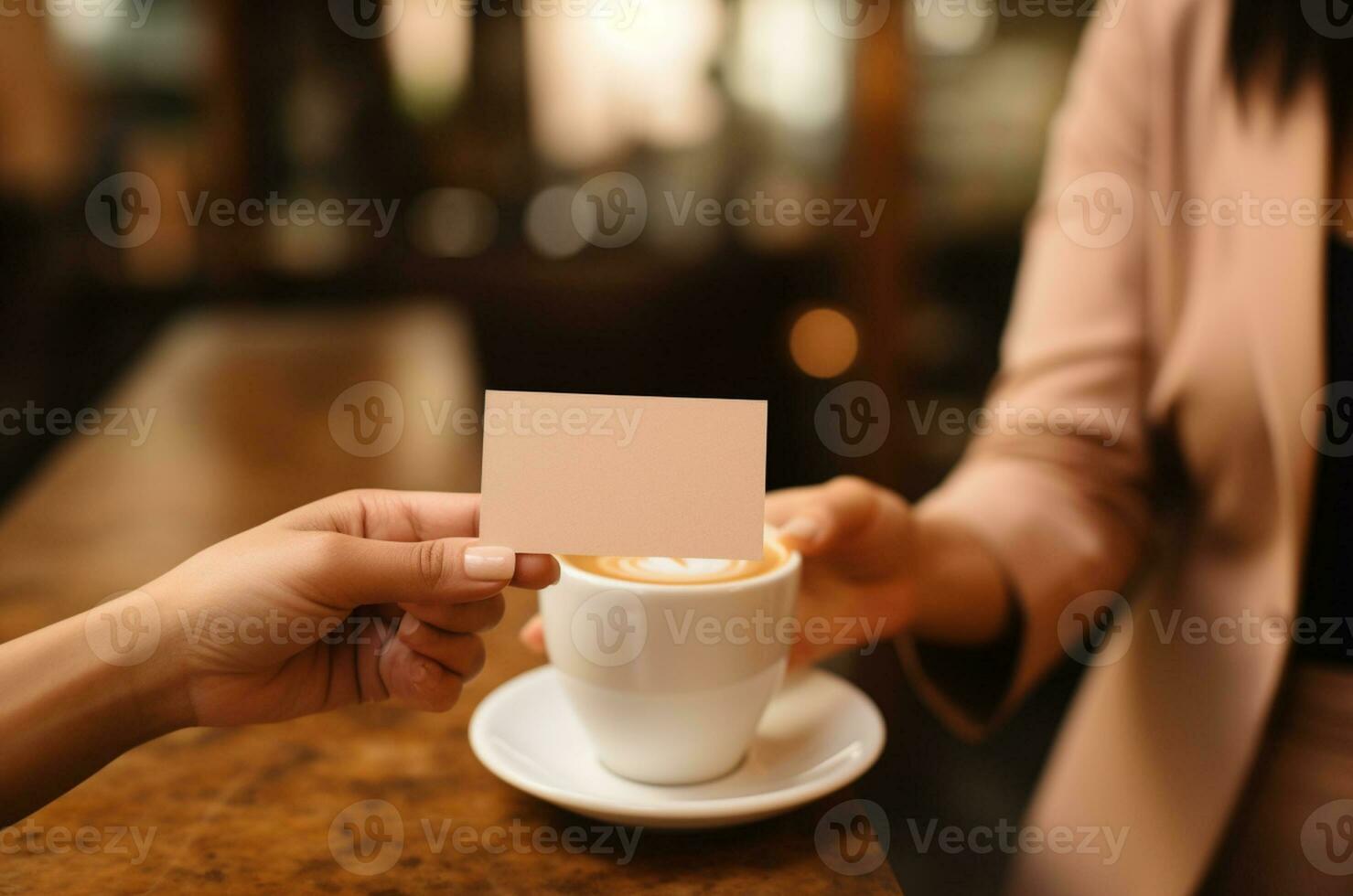 Woman holding business card and cup of coffee in cafe, closeup AI Generated photo