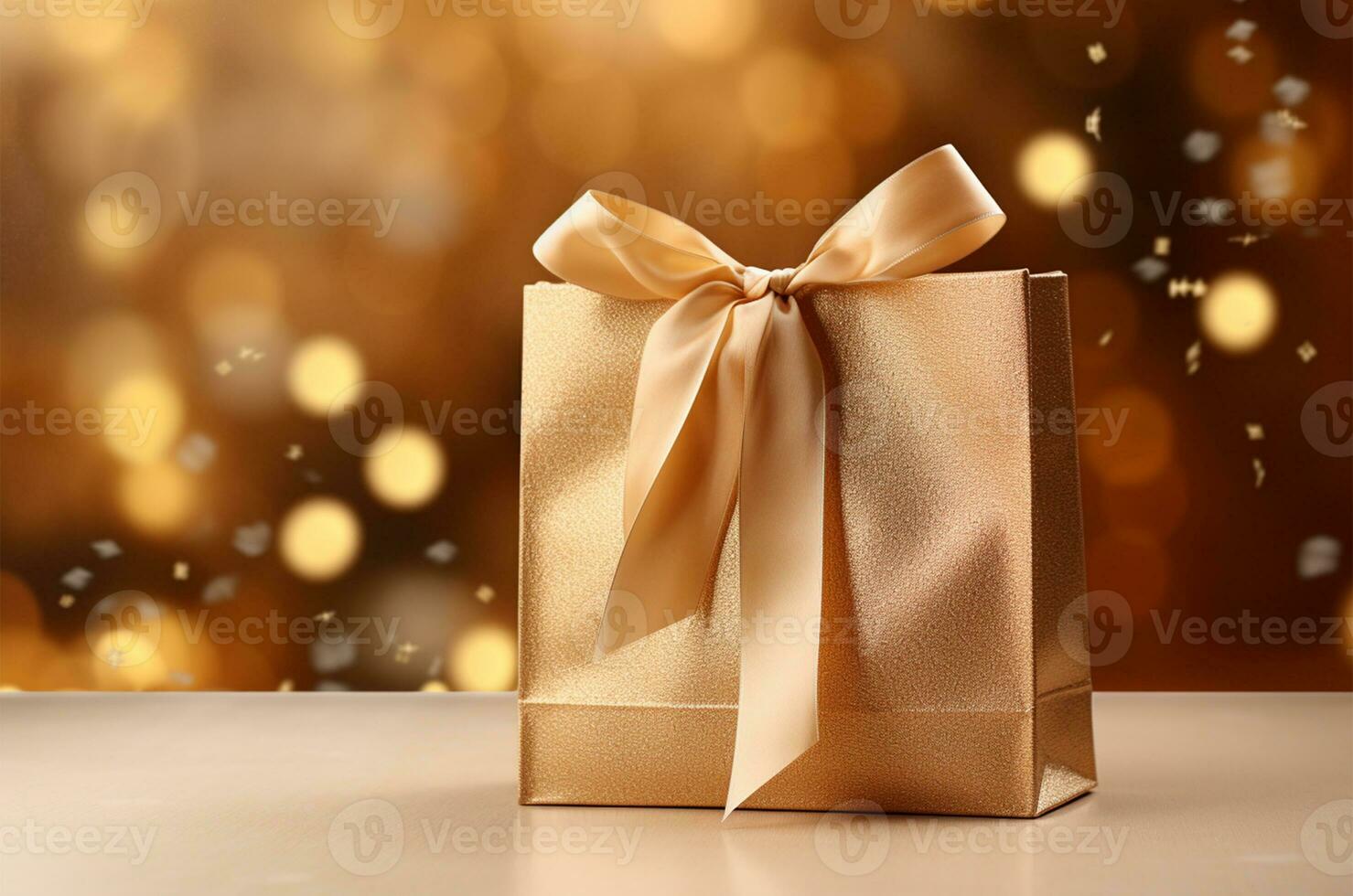 regalo caja con oro arco en bokeh luces antecedentes ai generado foto