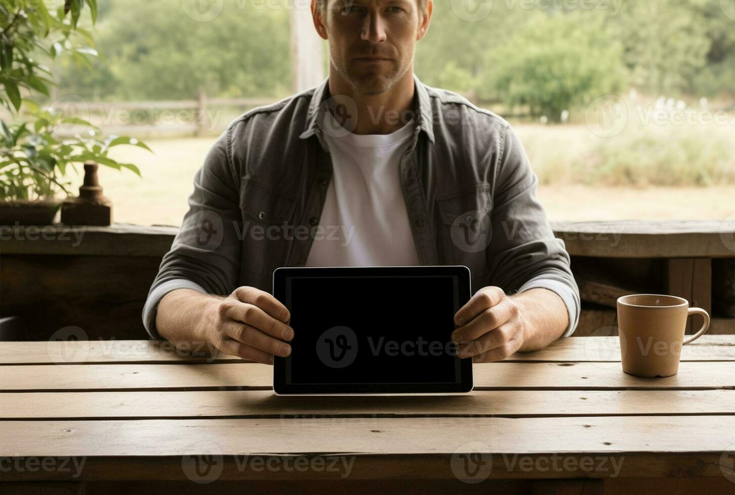 Hands holding a tablet pc with a wooden house in the background AI Generated photo