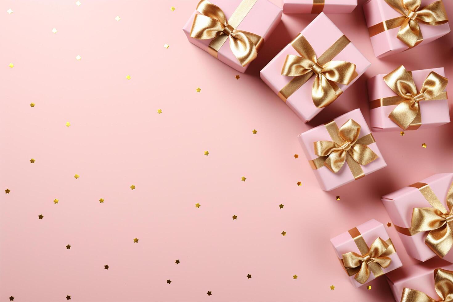 AI Generated Golden ribbon gift box on yellow background. Top view