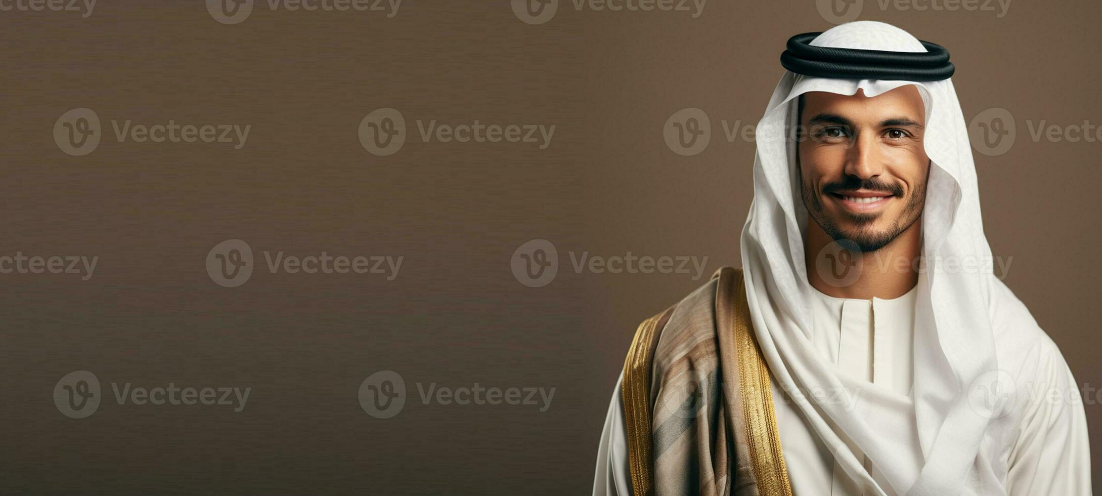 Portrait of arabian man with traditional clothes on brown background AI Generated photo