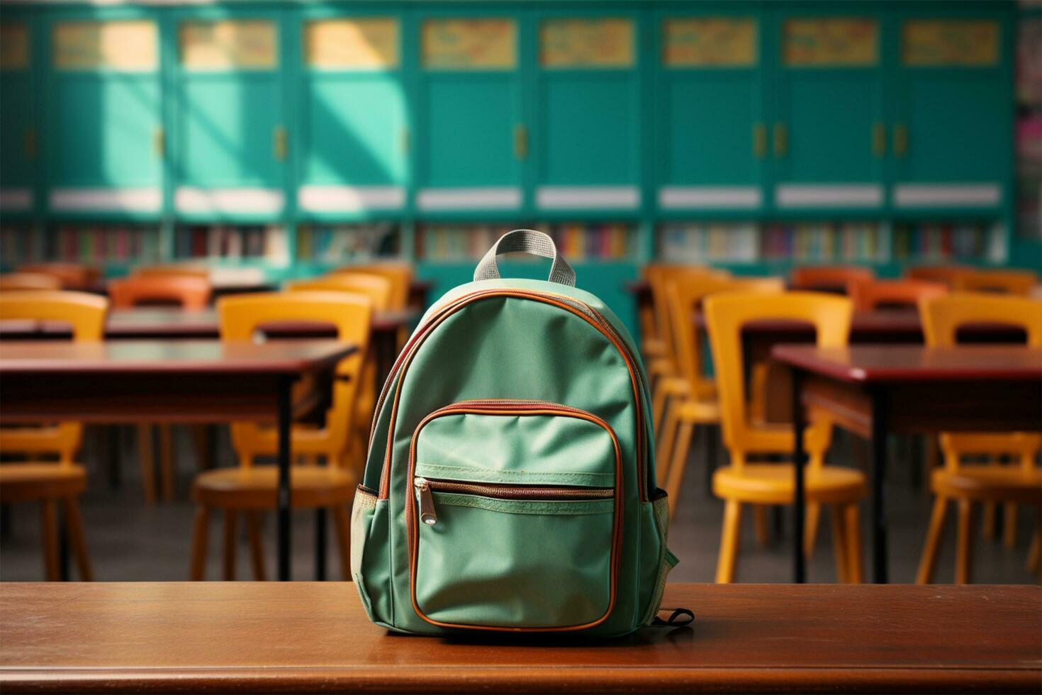 School backpack on table in classroom ai generated photo