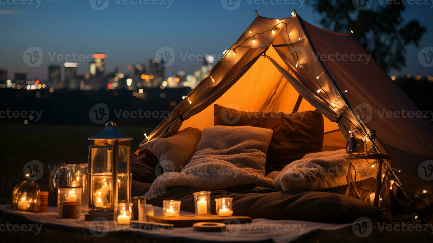 Generative AI, romantic camping with lantern lights, pillows, blanket. City view in the evening photo