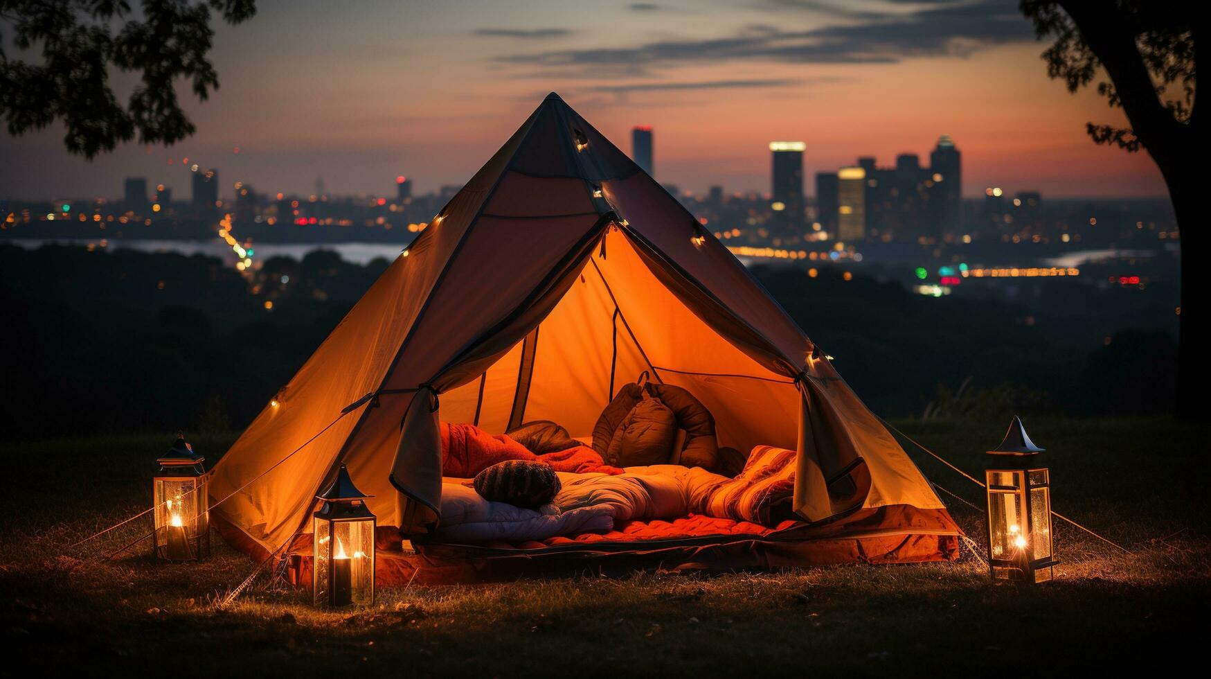 Generative AI, romantic camping with lantern lights, pillows, blanket. City view in the evening photo