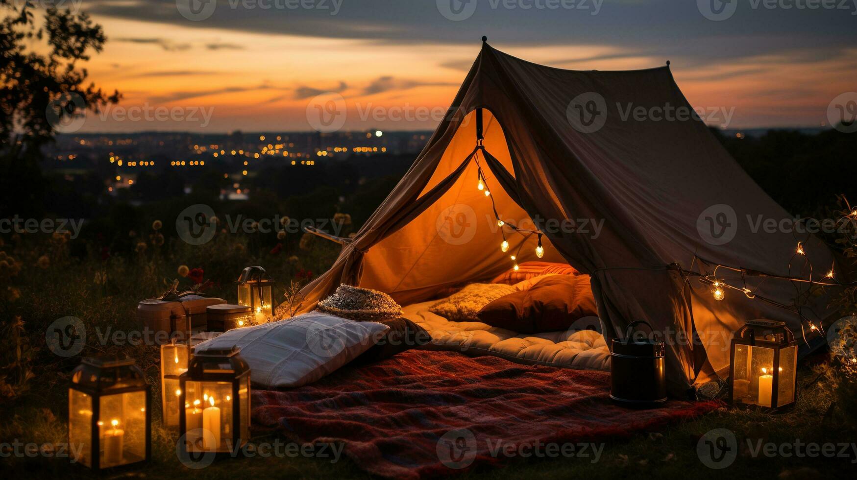 Generative AI, romantic camping with lantern lights, pillows, blanket. City view in the evening photo