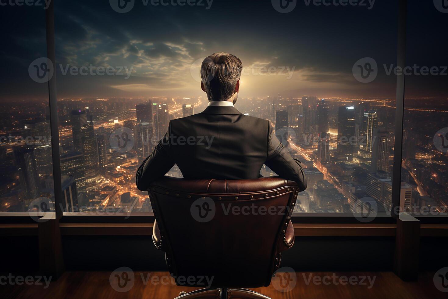 Back View of Businessman Sitting in Chair Facing the Window with Skyscraper View AI Generative photo