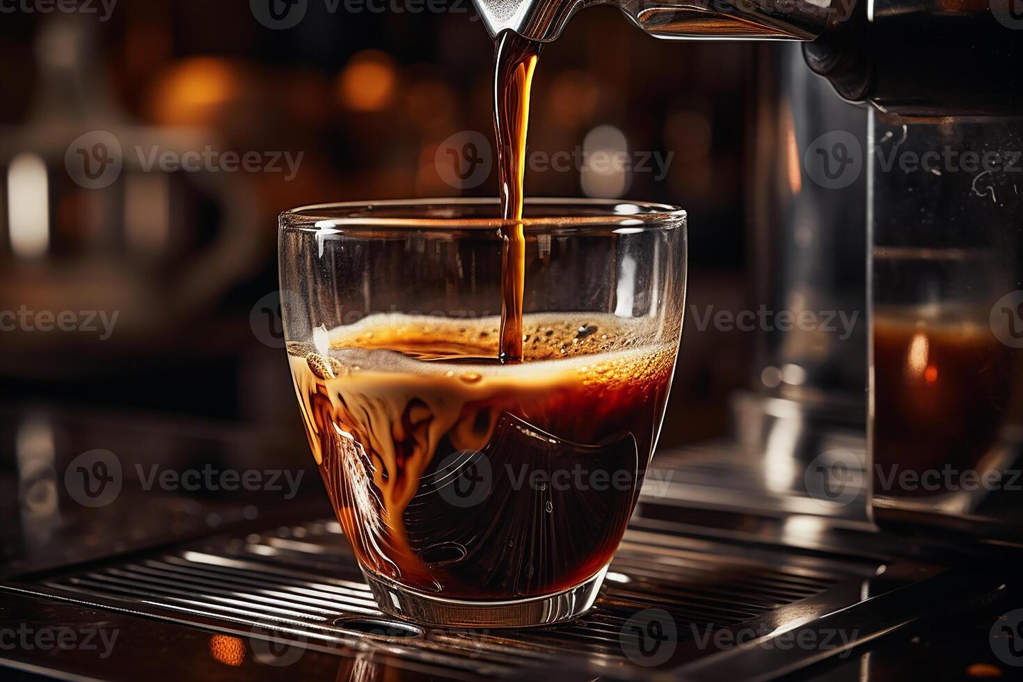Robusta Pouring from Coffee Machine Flowing Into the Clear Small Glass in Cafe photo