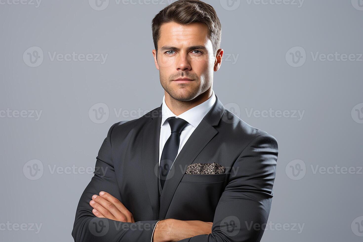 Successful Young Businessman Wearing Suit Standing with Arms Folded Looks Confidently photo