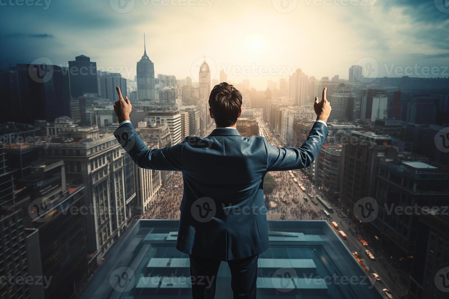Back View Of Businessman Standing With Raised Hand On Rooftop At Bright back-view-of-businessman-standing-with-raised-hand-on-rooftop-at-bright