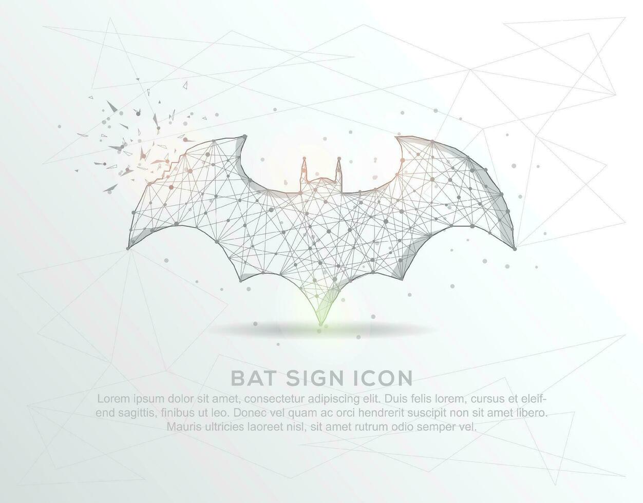 Bat sign icon abstract mash line and composition digitally drawn in the form of broken a part triangle shape and scattered dots. vector