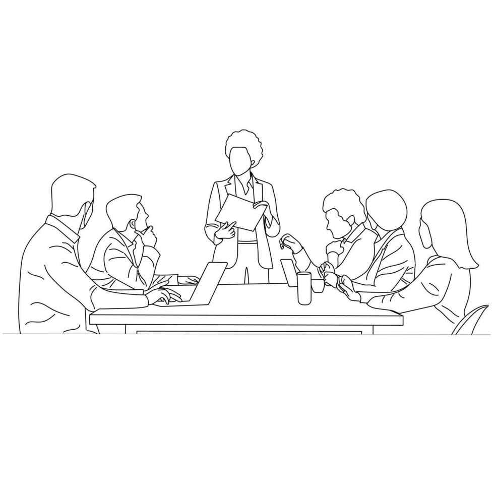 Office workers at business meeting. Business people having discussion in conference room Line art drawing isolated on white background. vector