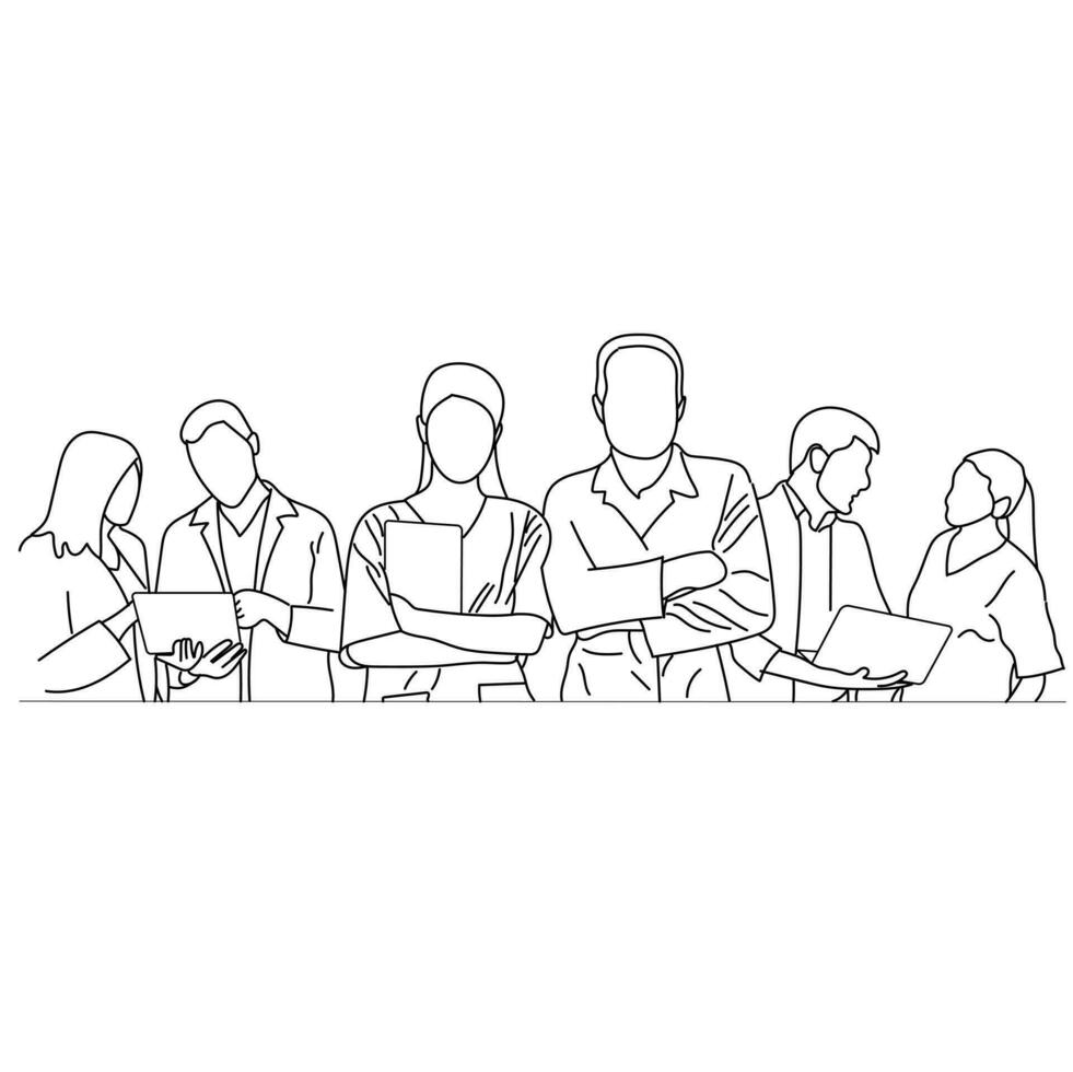 Group of medical staff. Male and Female health workers are isolated on a white background. Medical workers vector line drawing of a team of doctors.