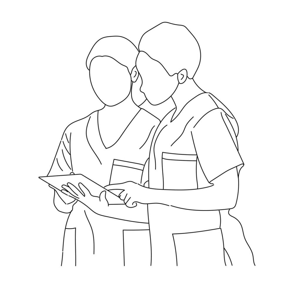 Group of medical staff. Male and Female health workers are isolated on a white background. Nurse discussion with doctors vector line drawing.