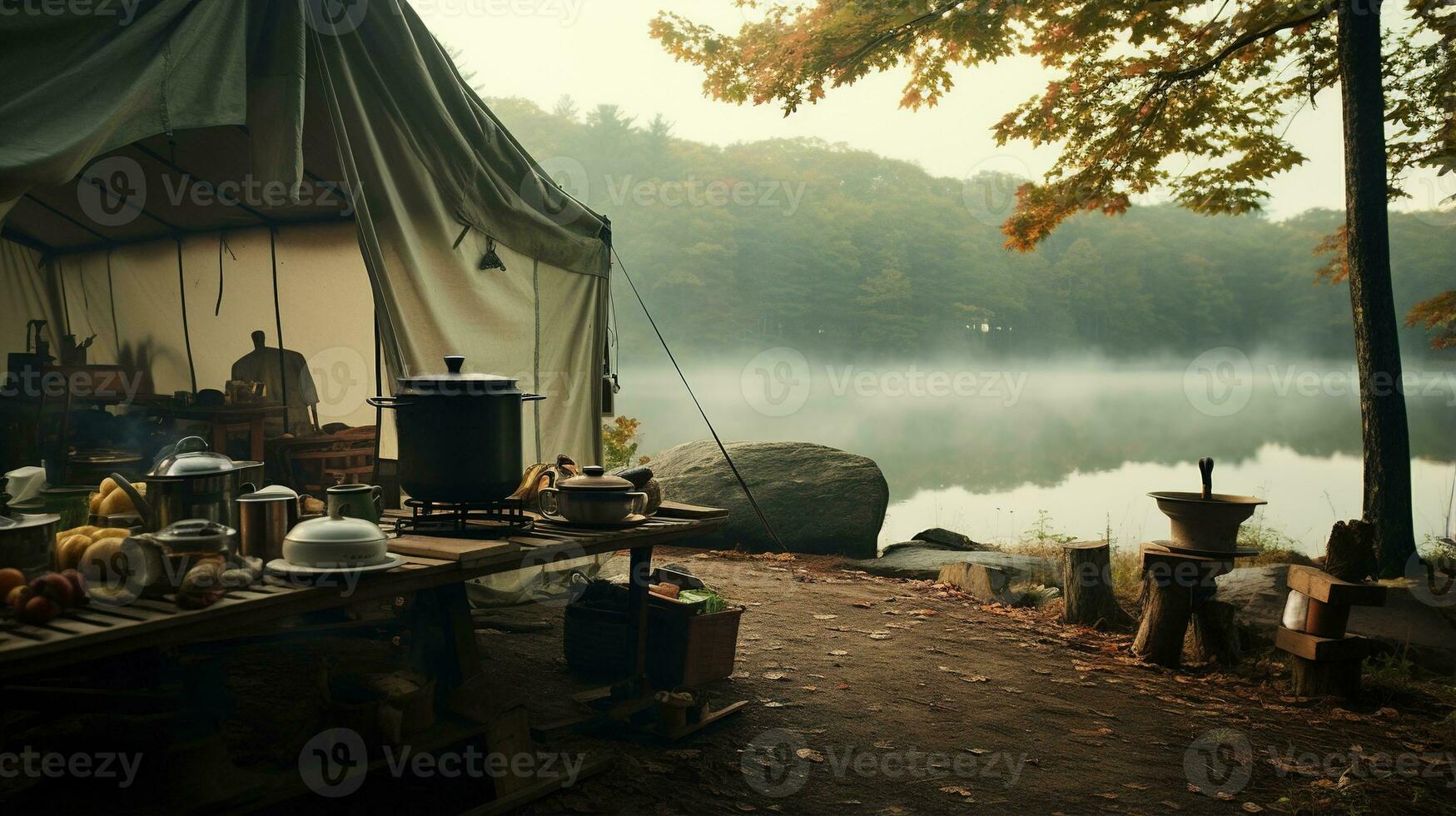 generativo ai, cámping al aire libre concepto en neutral apagado colores, turista acampar foto