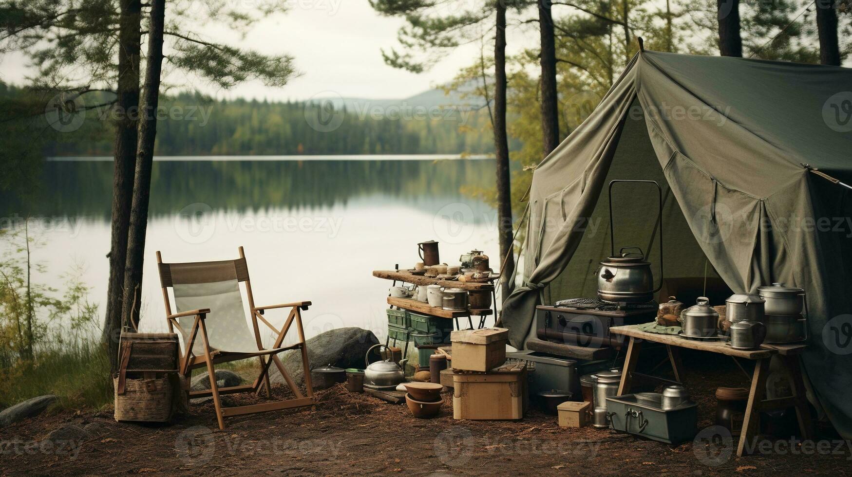 generativo ai, cámping al aire libre concepto en neutral apagado colores, turista acampar foto