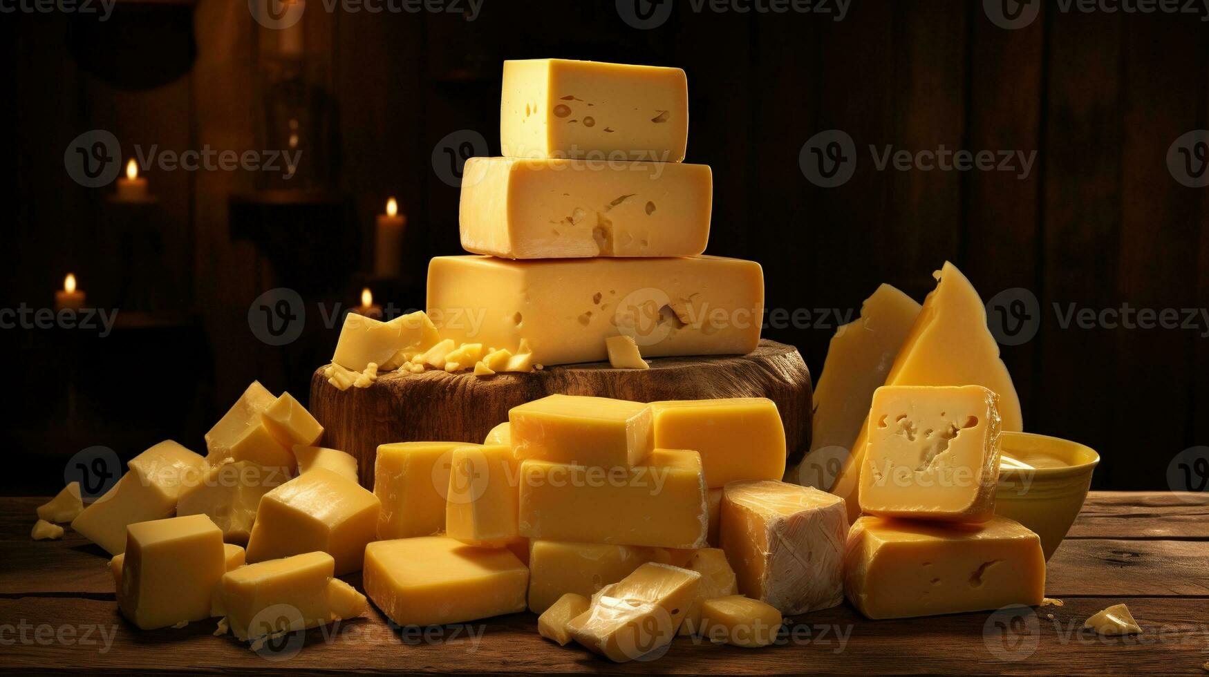 generativo ai, diferente tipos de queso en el mesa foto