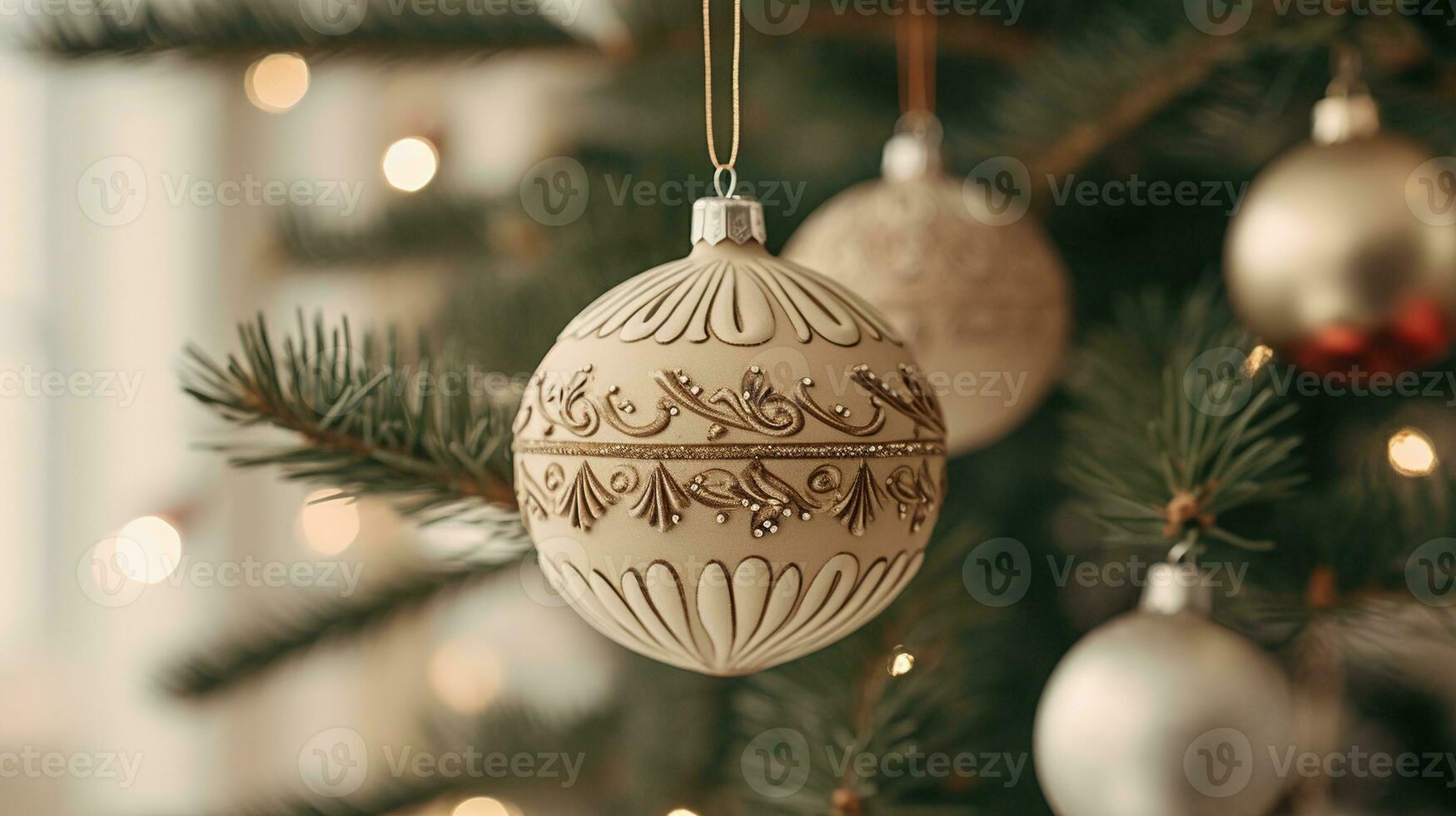 Generative AI, Chhristmas and new year balls in the fir tree branches, holidays concept, festive winter season background photo
