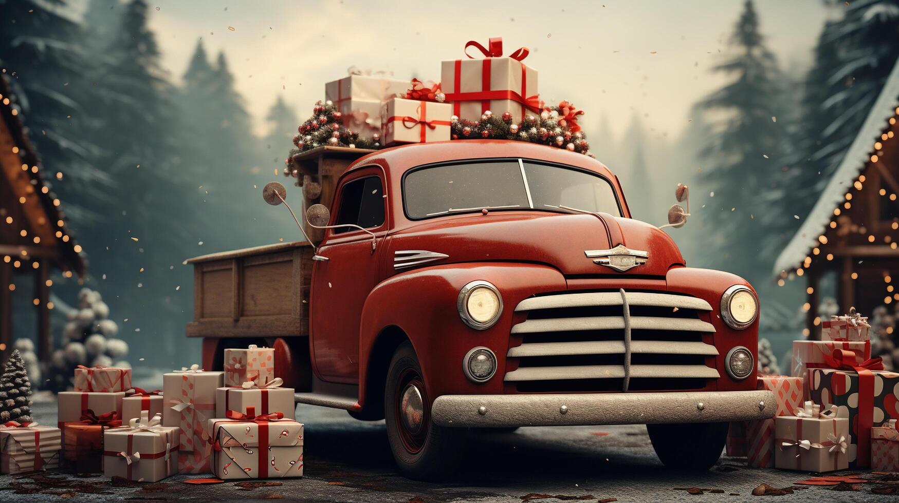 Generative AI, vintage Christmas car with many gifts, blue and red colors. Greeting xmas card, winter holidays photo