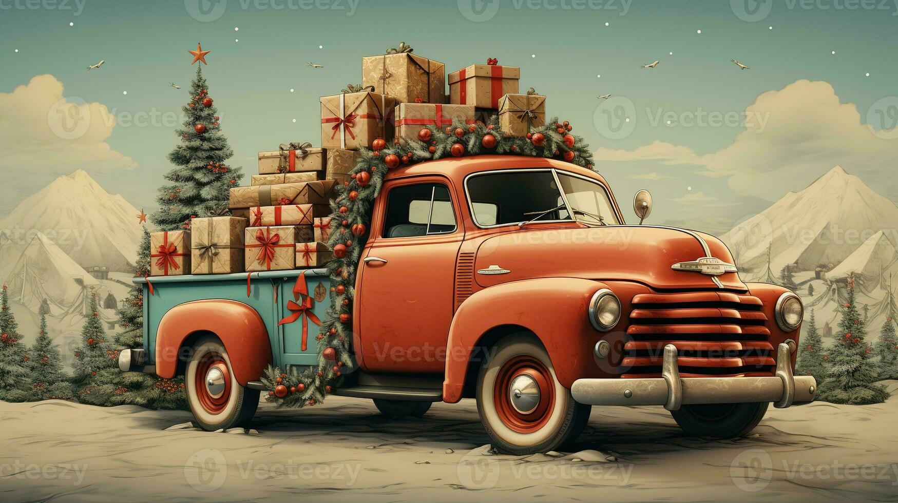 Generative AI, vintage Christmas car with many gifts, blue and red colors. Greeting xmas card, winter holidays photo