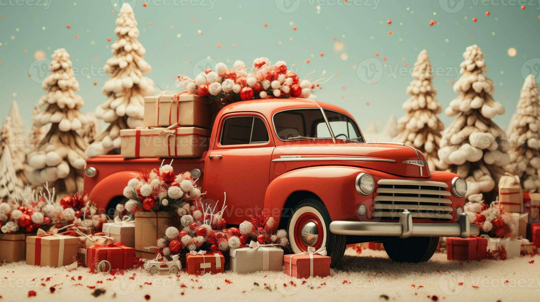 Generative AI, vintage Christmas car with many gifts, blue and red colors. Greeting xmas card, winter holidays photo