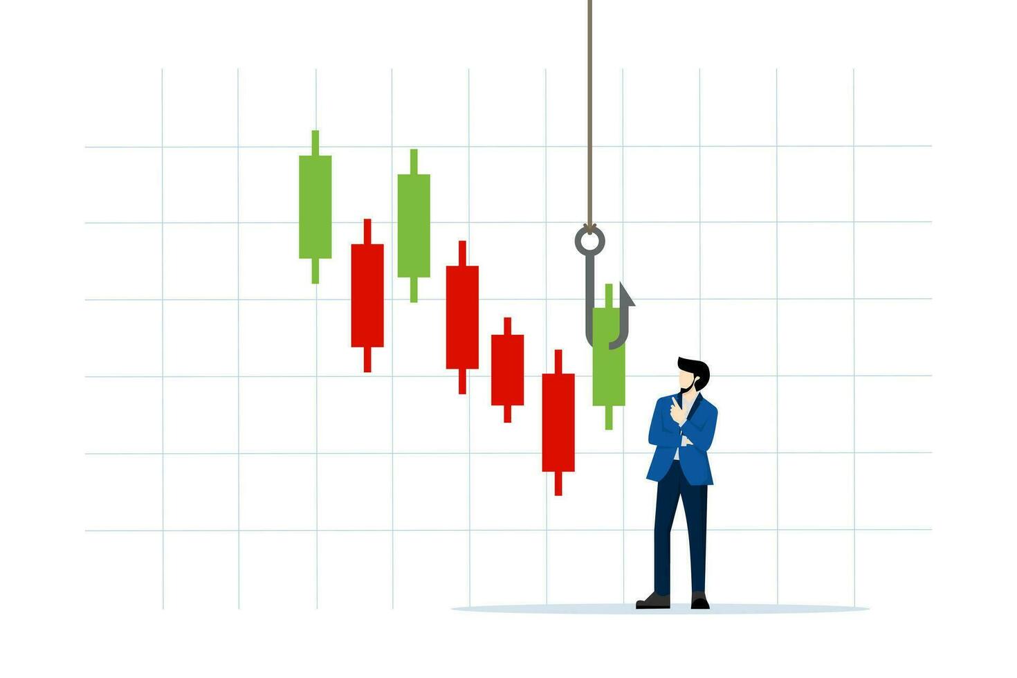 concept of candlestick signals to buy or sell in crypto trading or stock market, analyze data, charts and graphs to make profit, businessman trader analyze green chart with fishing bait. vector