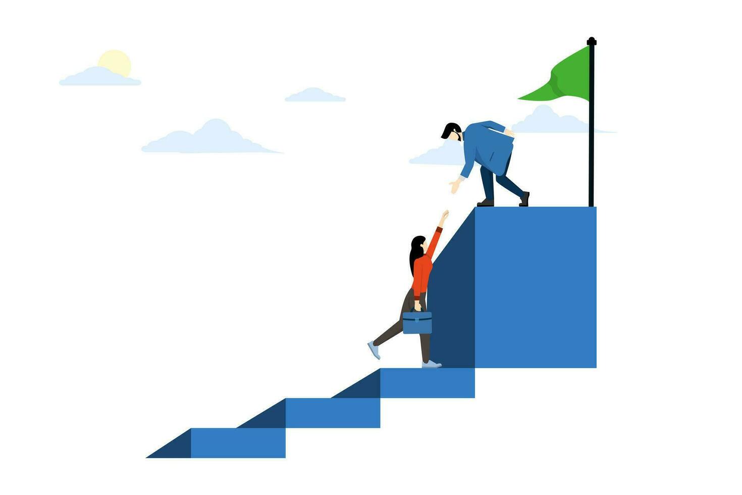 Concept of Mentor or business leader helping coworker to succeed and achieve goals achieve target, guide career success, business leader help people to reach target at top of ladder. vector