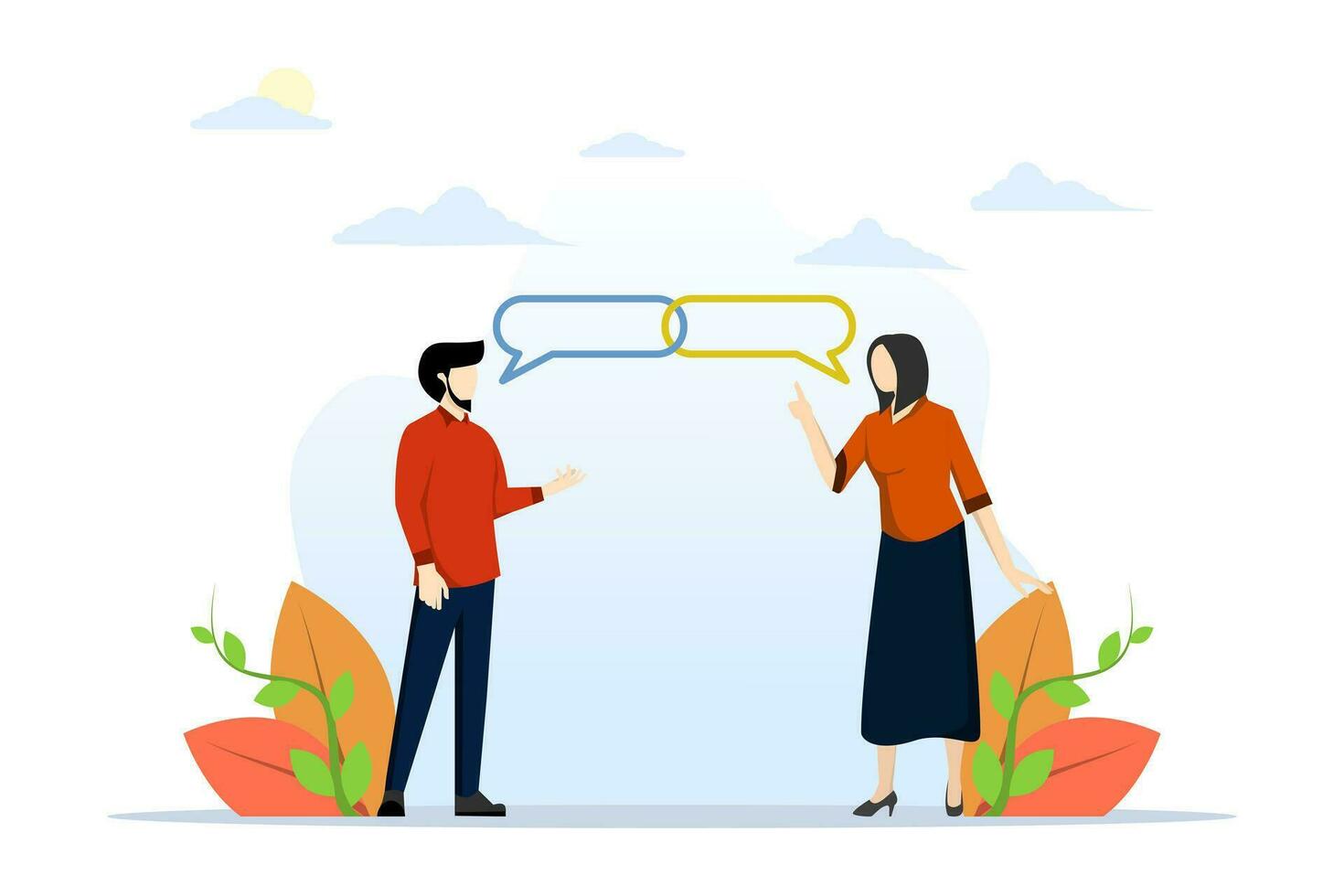 concept of customer engagement, emotional connection between customer and brand, loyalty, consumer trust or deep connection, businessman represents brand talk with customer as related speech bubble. vector