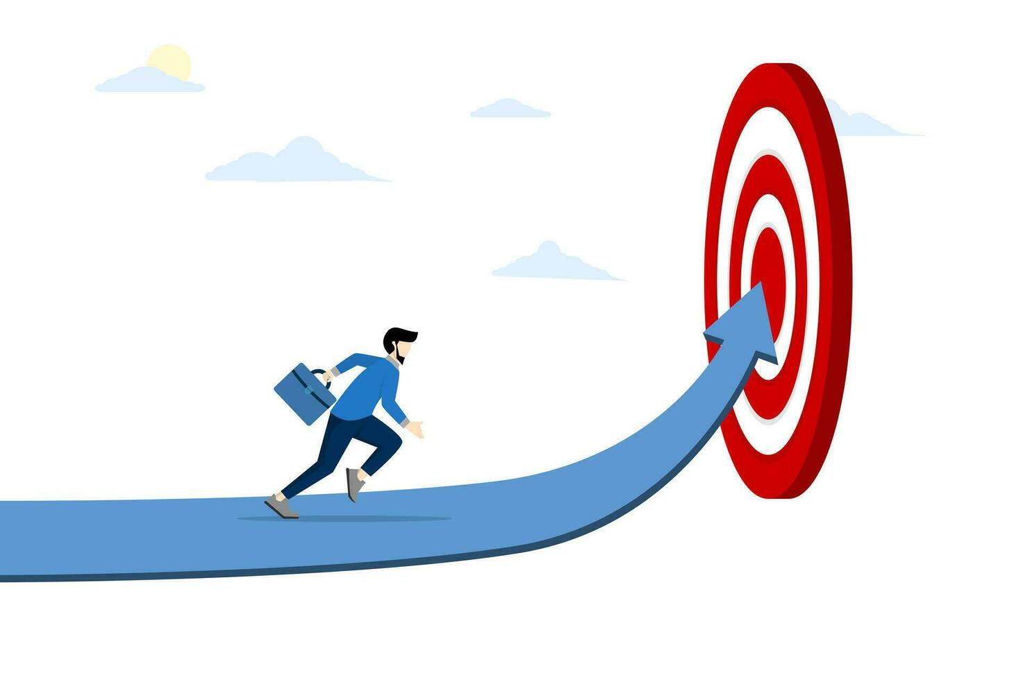 concept of progress towards goal or achievement of business targets, motivation to achieve success, career advancement, ambitious businessman walking on growth arrow path towards bullseye goal. vector