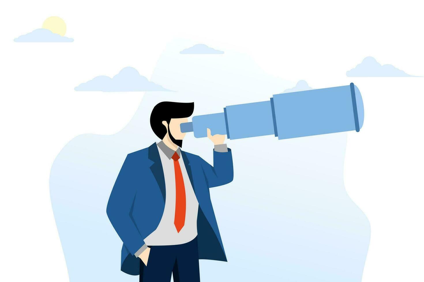 concept of looking for opportunity, business vision, direction of success or finding new employees, career future, invention or research, businessman looking through telescope or binoculars. vector