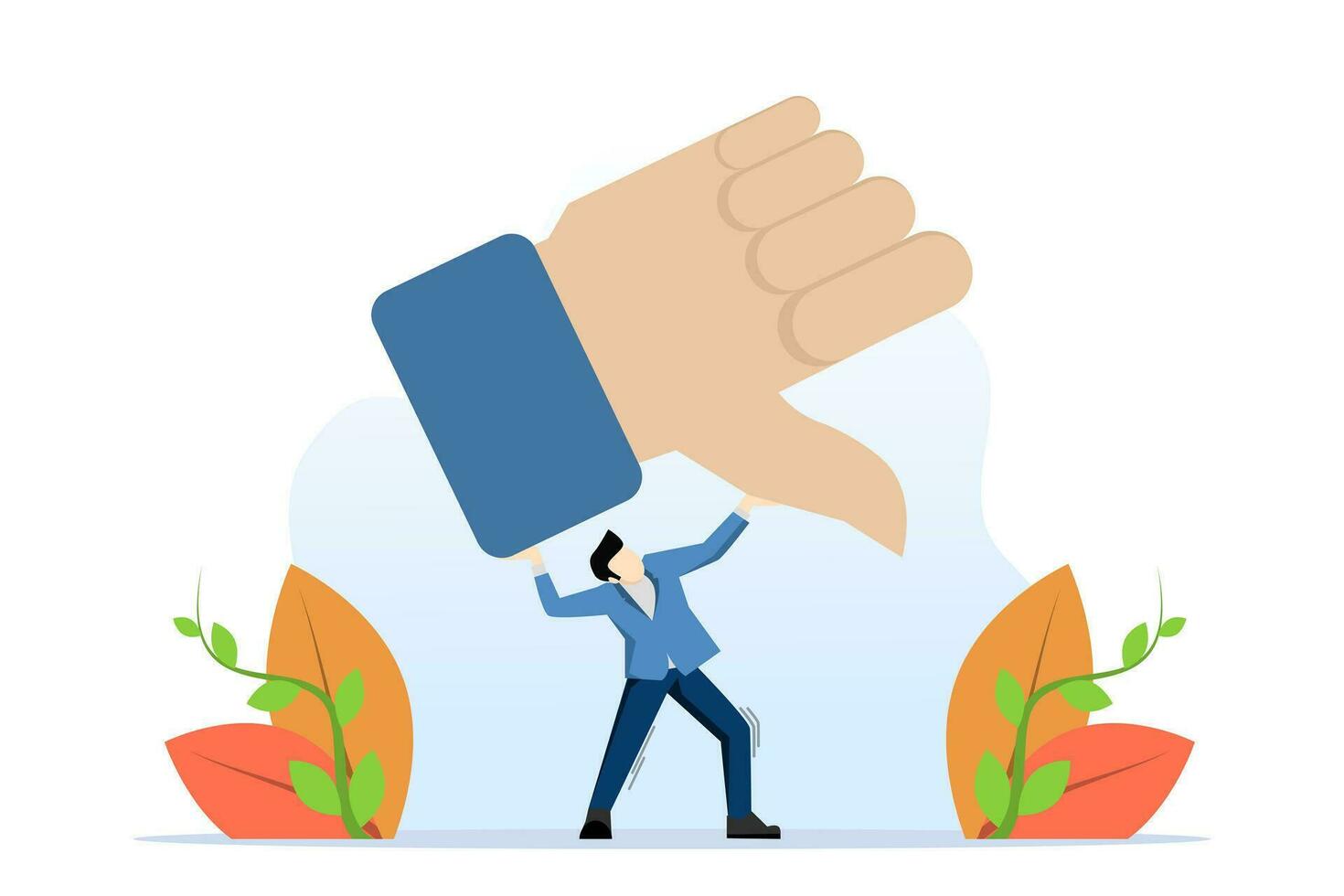 negative and dissatisfaction concept, customer complaint or bad reputation, disappointment by mistake or failure, bad performance, businessman trying to carry thumbs down symbol on his shoulder. vector