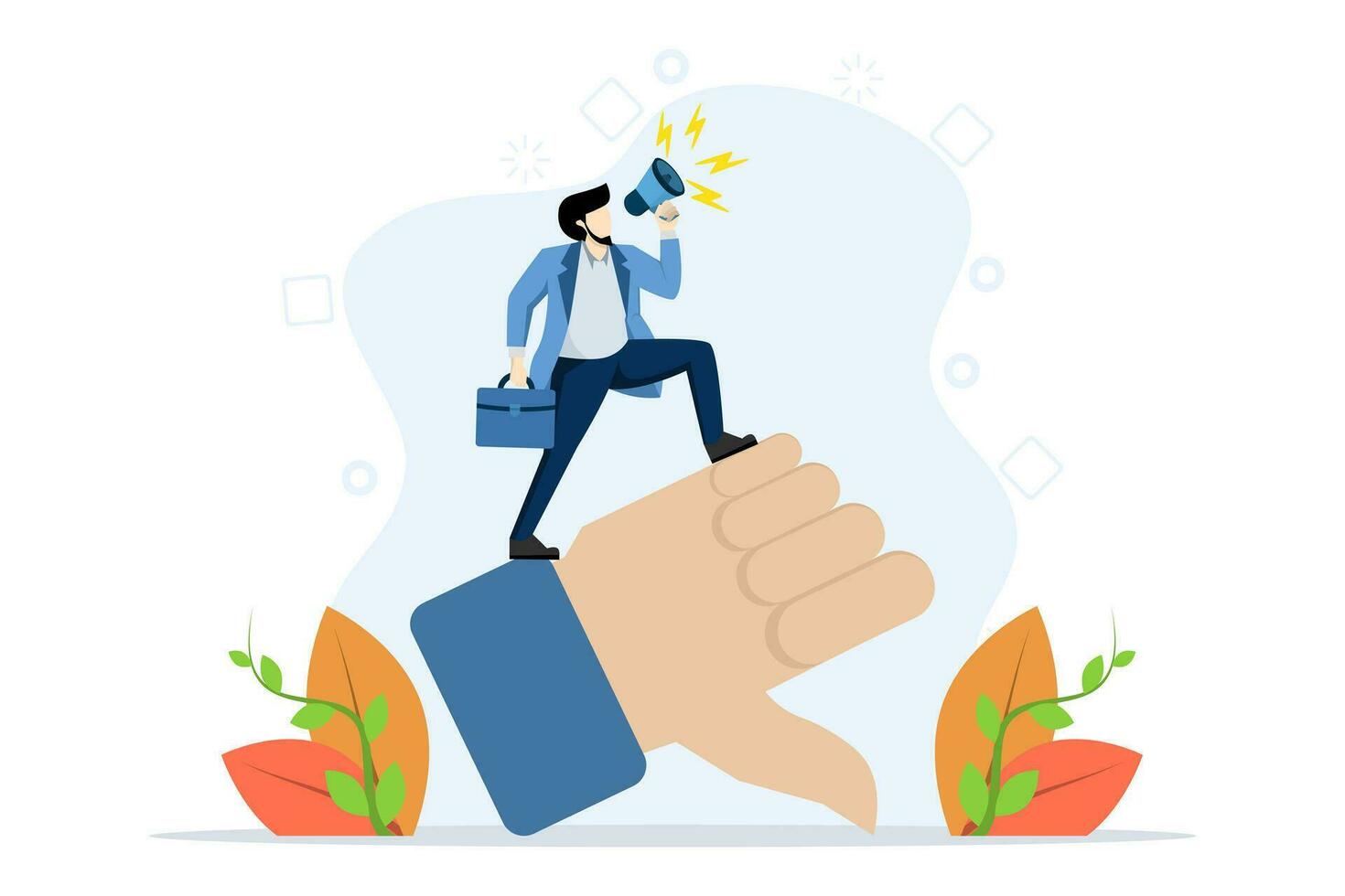 negative feedback concept, discrediting or blaming others, intimidating and despairing, fake news or bad businessman with megaphone discrediting and blaming others with thumbs down symbol. vector