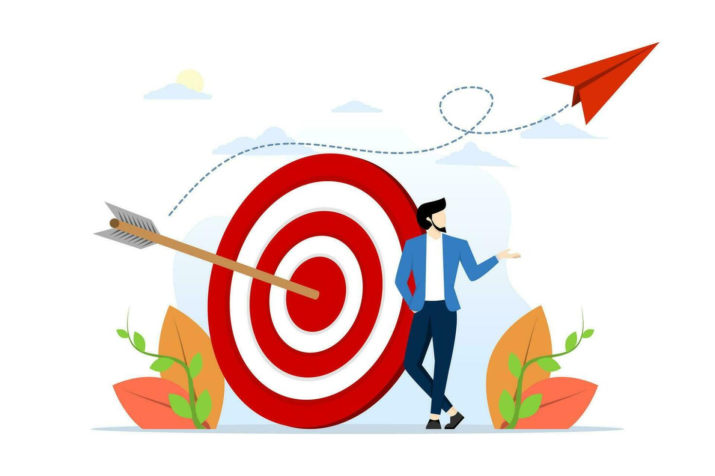 concept of business goal, aim or target, intent and resolution to achieve success, aspiration and motivation to achieve goal, confident businessman standing with arrow on target at archery target. vector