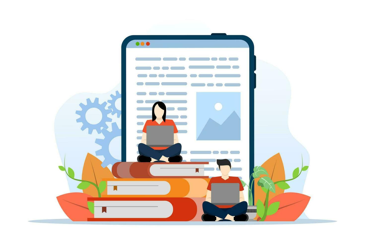 illustration of people studying and gaining knowledge. Creative design of student study timetable on book. stylized vector for poster, banner, website, booklet, flyer, flat vector illustration.