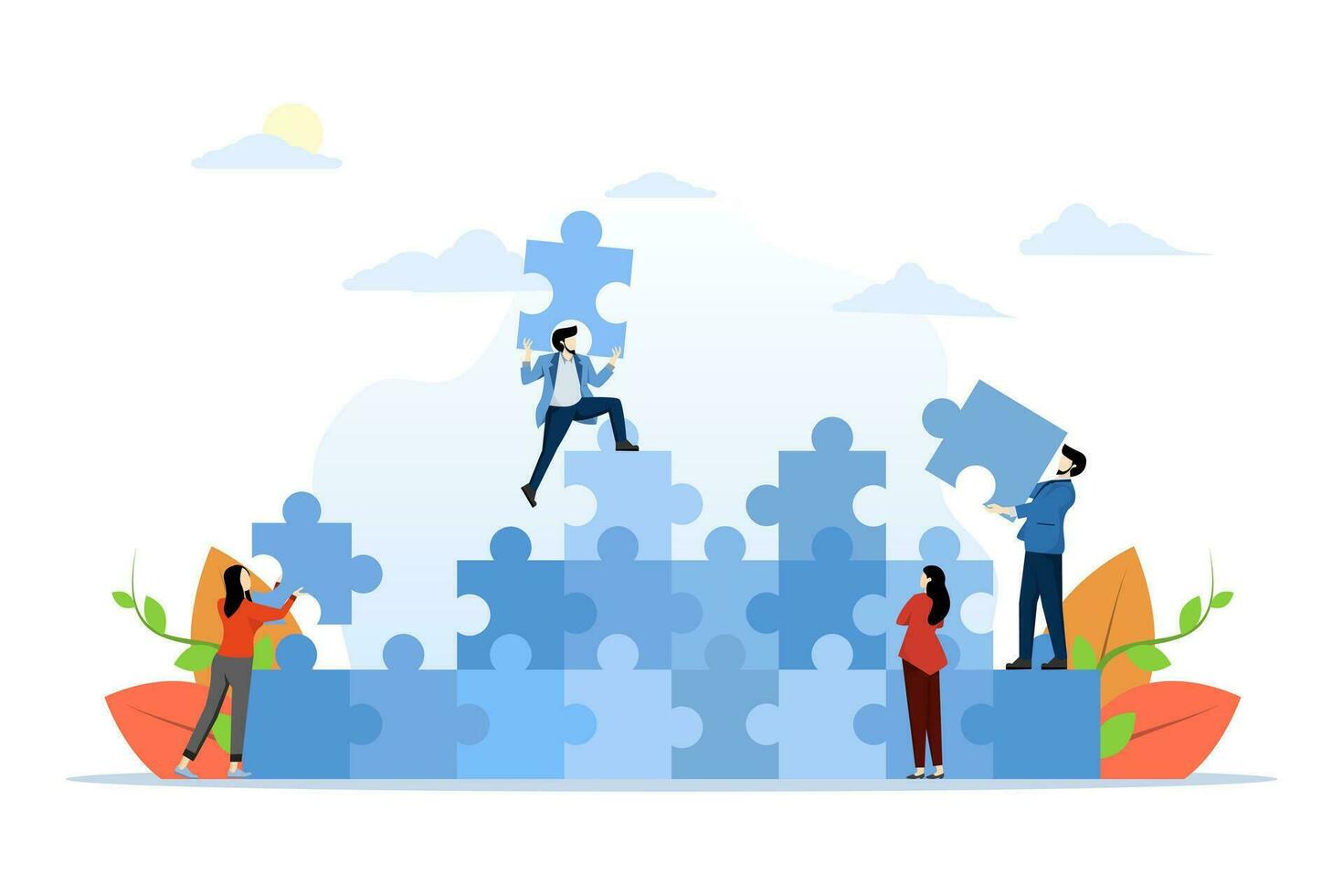 The concept of teamwork in business. Team metaphor solves problems. people connecting puzzle elements. Teamwork symbol, cooperation, partnership vector. flat vector illustration on background.