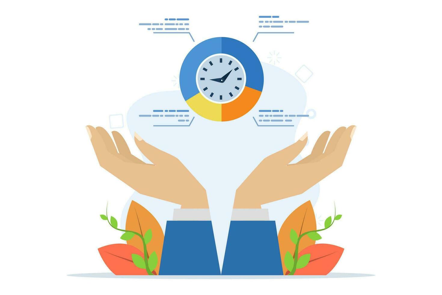 time management concept, project plan schedule, deadline or work efficiency, urgency or strategy to finish work on time, productivity or appointments, businessman holding pie chart with clock. vector