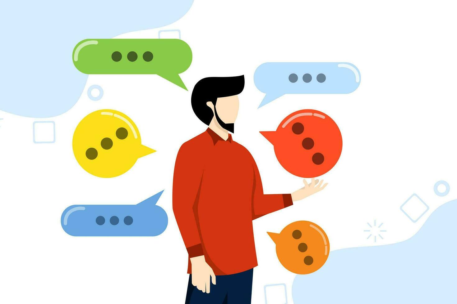 verbal or oral communication skills concept, storytelling or explanation, public speaking, discussing, conveying message, confident businessman speaking with lots of speech bubbles. vector