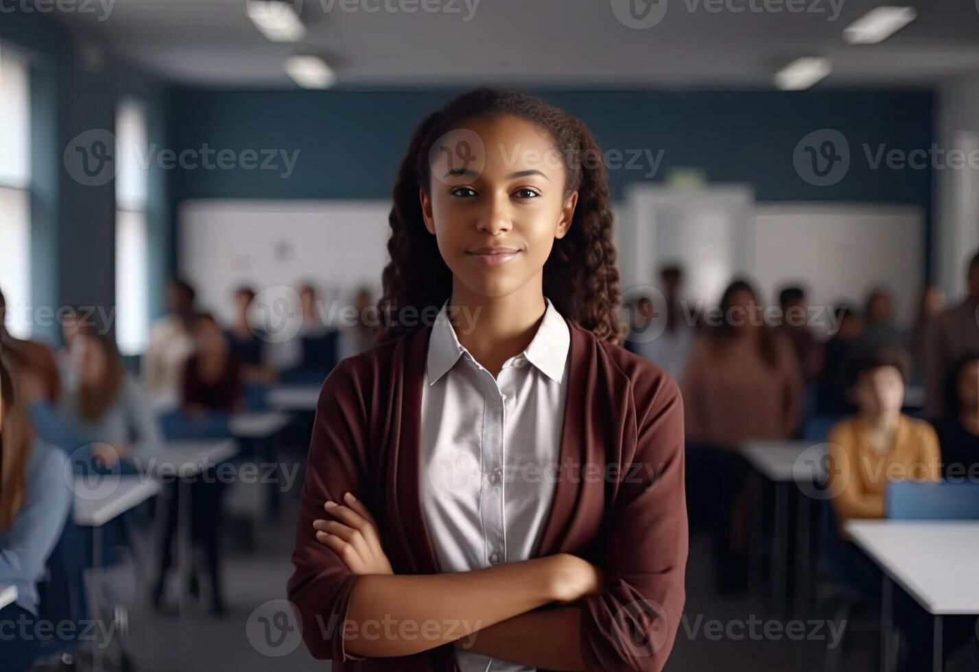 a woman standing in front of a classroom with people in the background photo