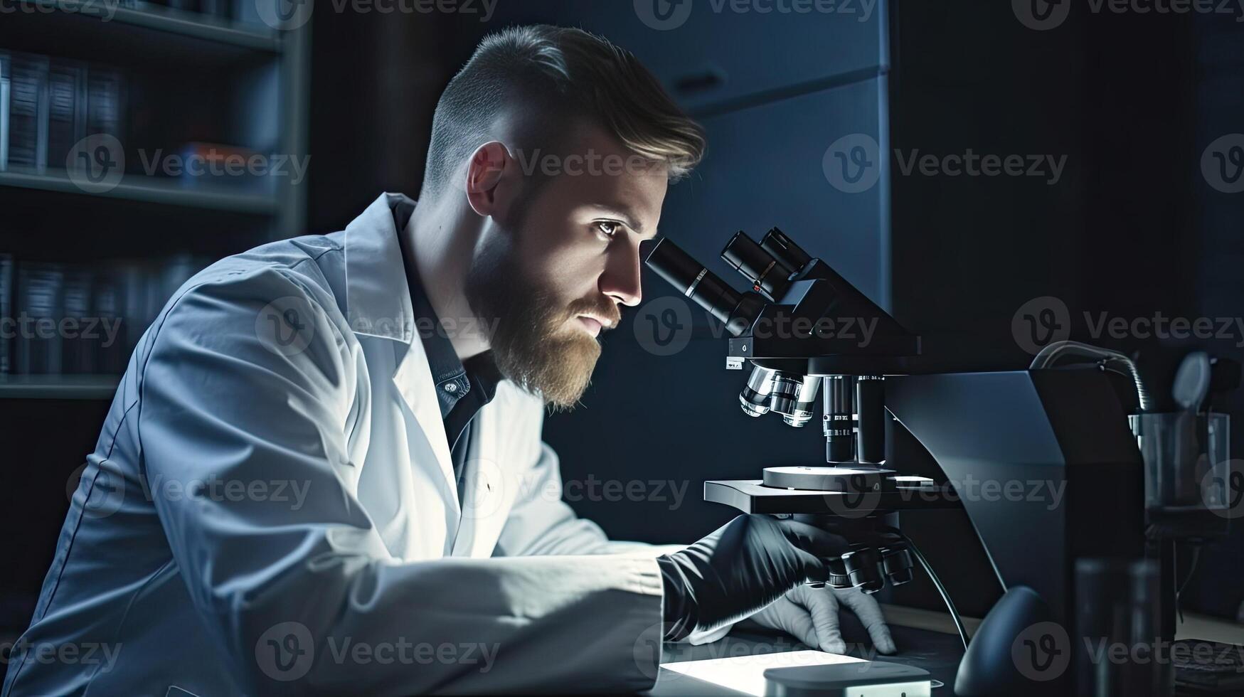 a man in a lab coat is looking at a microscope photo