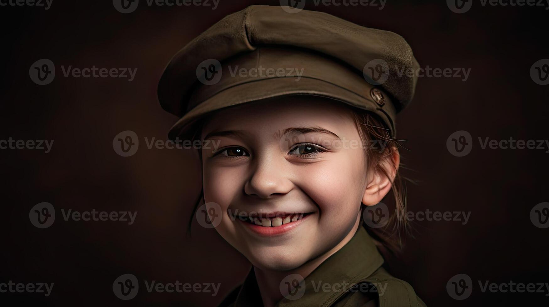 un joven niña en un militar uniforme sonriente ai generativo foto